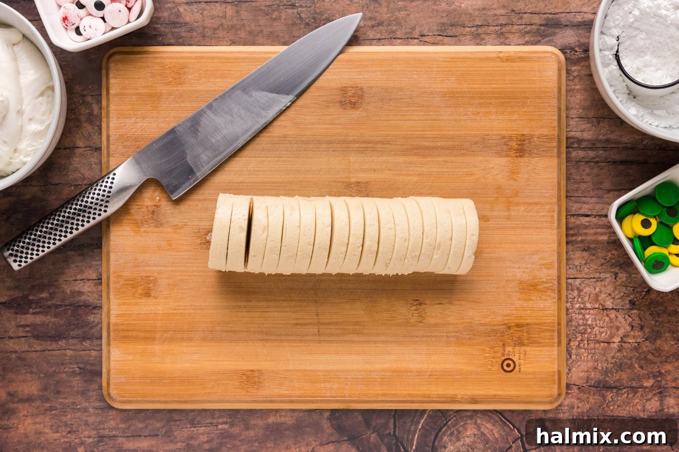 Slicing a log of refrigerated cookie dough