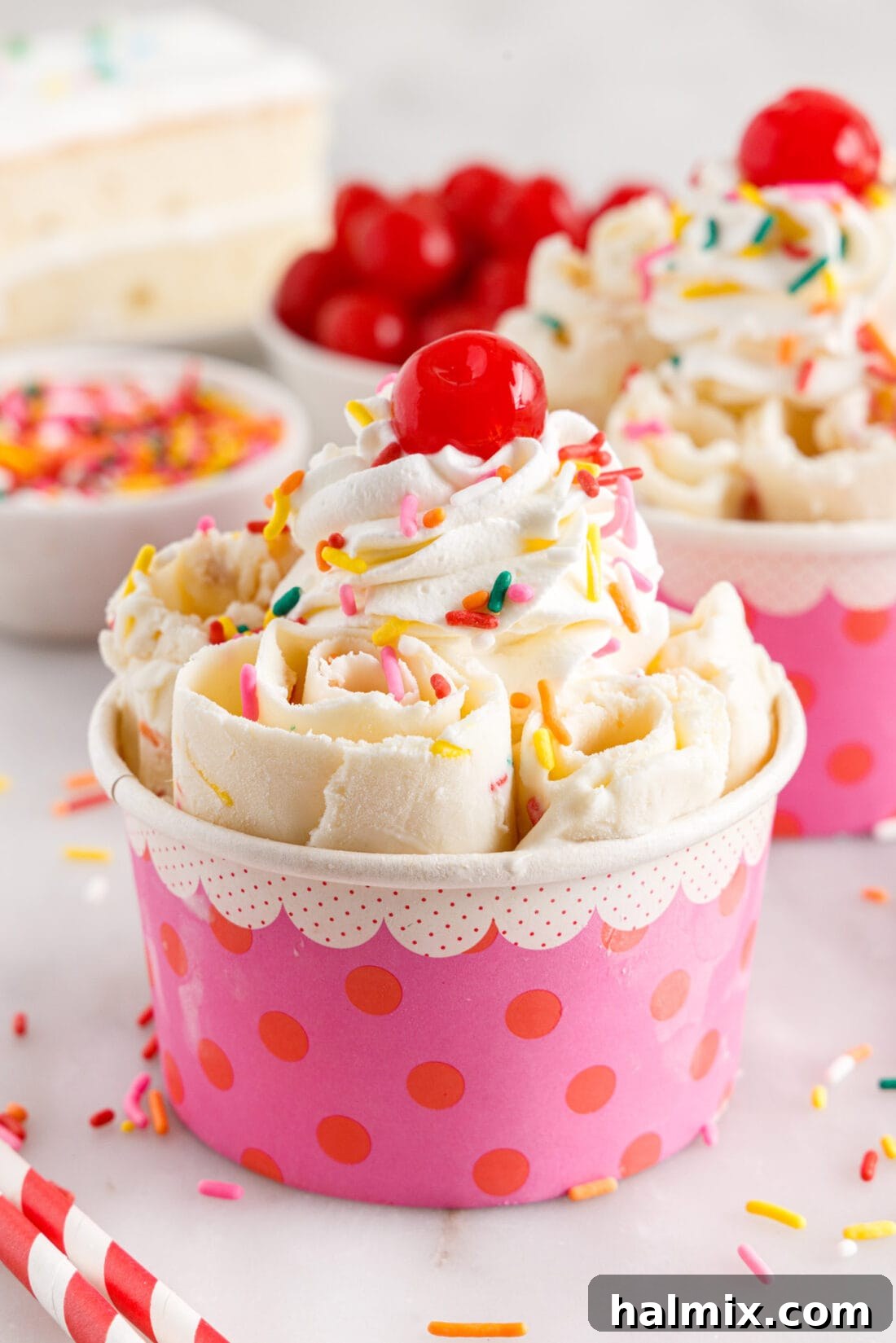 dish of Birthday Cake Rolled Ice Cream