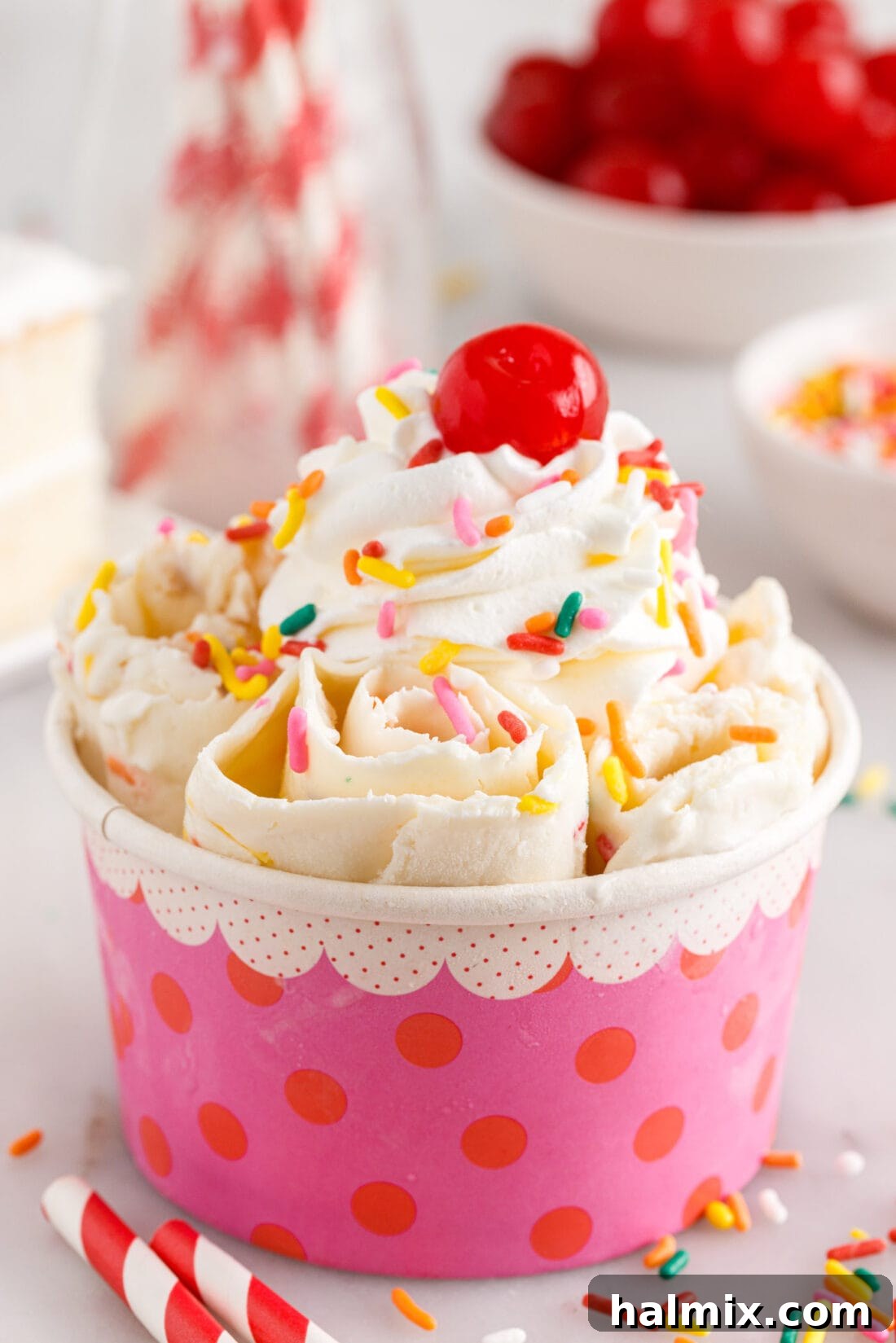 bowl of Birthday Cake Rolled Ice Cream
