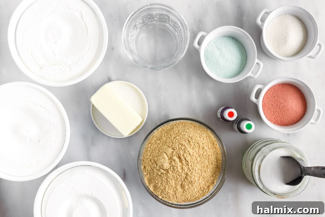 Rainbow Ripple Gelatin Pie 4 A flat lay photograph of all the ingredients needed to make a Layered Jello Pie, including graham cracker crumbs, butter, sugar, various jello mixes, and Cool Whip.