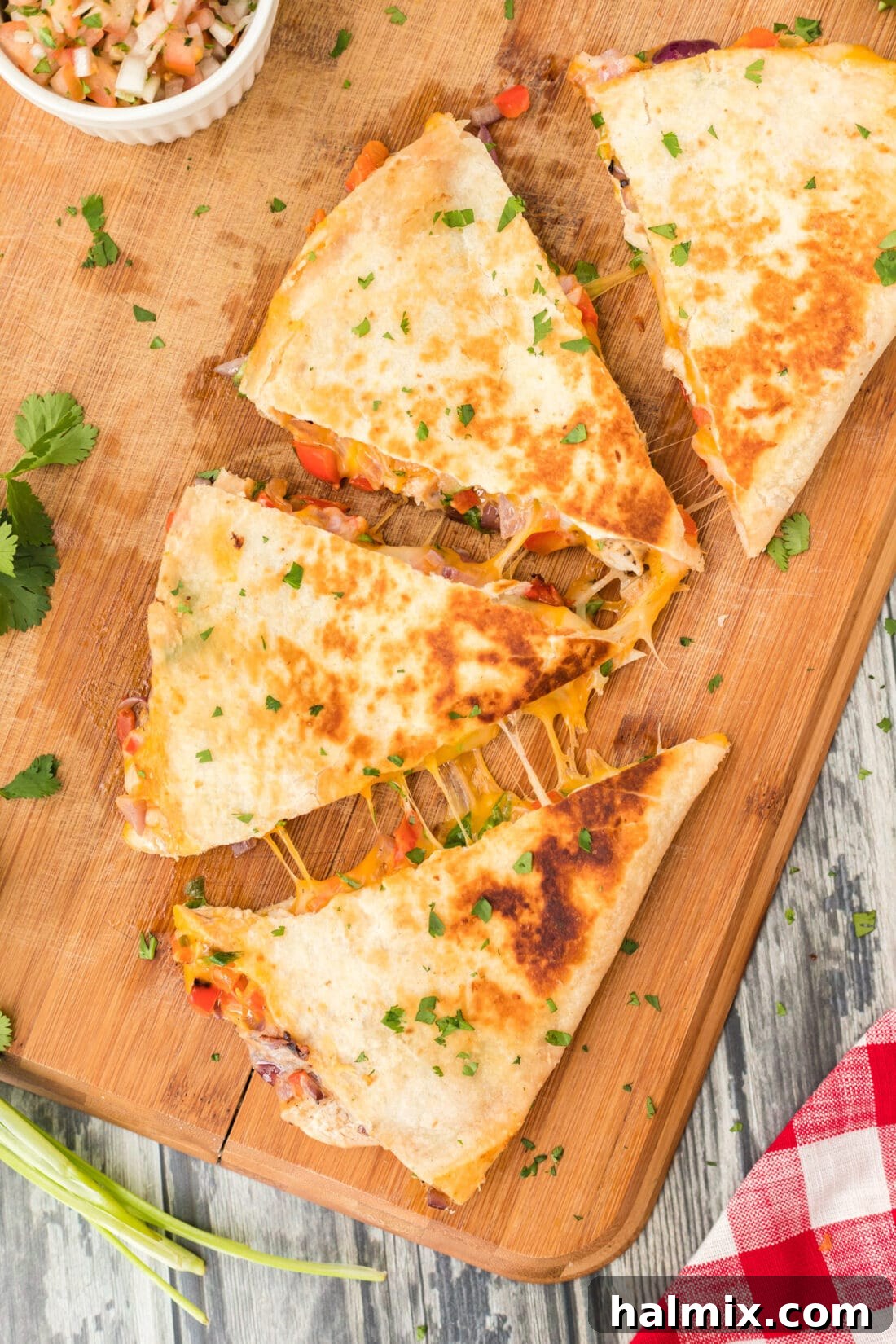 Crispy golden brown chicken quesadillas ready to be served