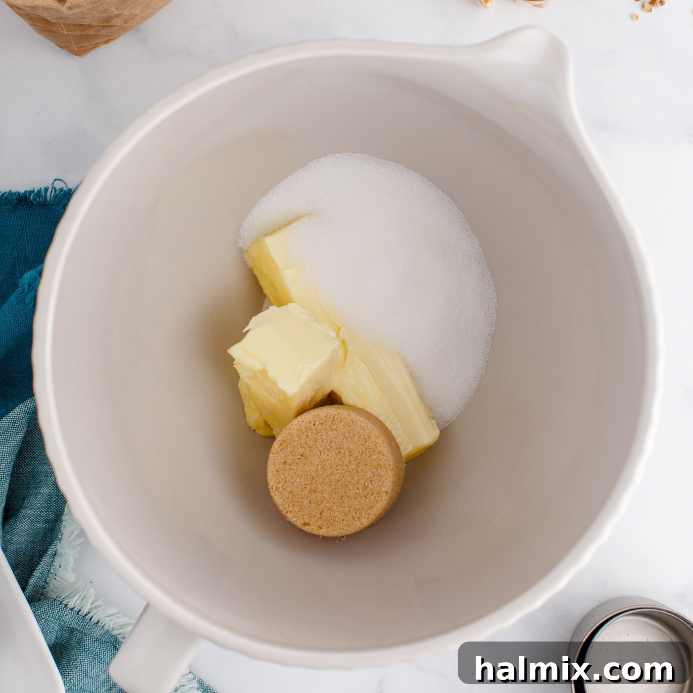 butter, granulated sugar and brown sugar in a bowl