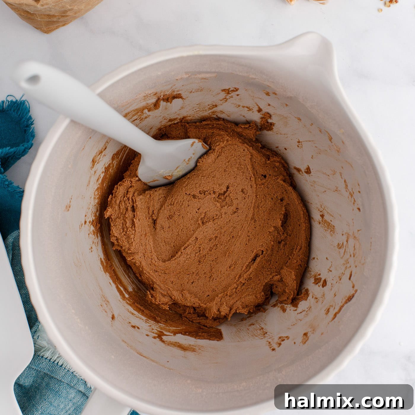 chocolate thumbprint cookie dough in a bowl