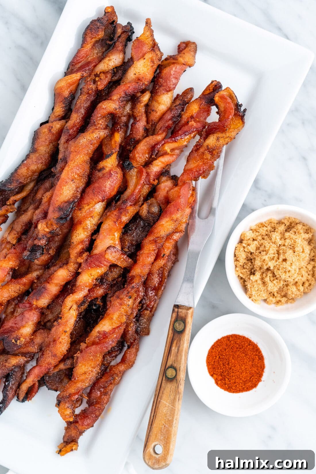 Caramelized Bacon Bites 2 Bacon Twists on a platter