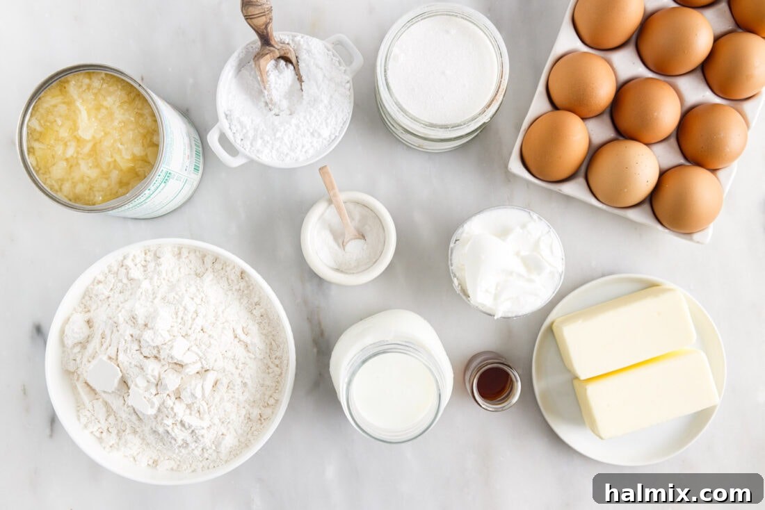 Luscious Pineapple Pound Cake 4 Arrangement of ingredients for Pineapple Pound Cake: flour, sugar, butter, shortening, eggs, buttermilk, crushed pineapple, and vanilla extract.