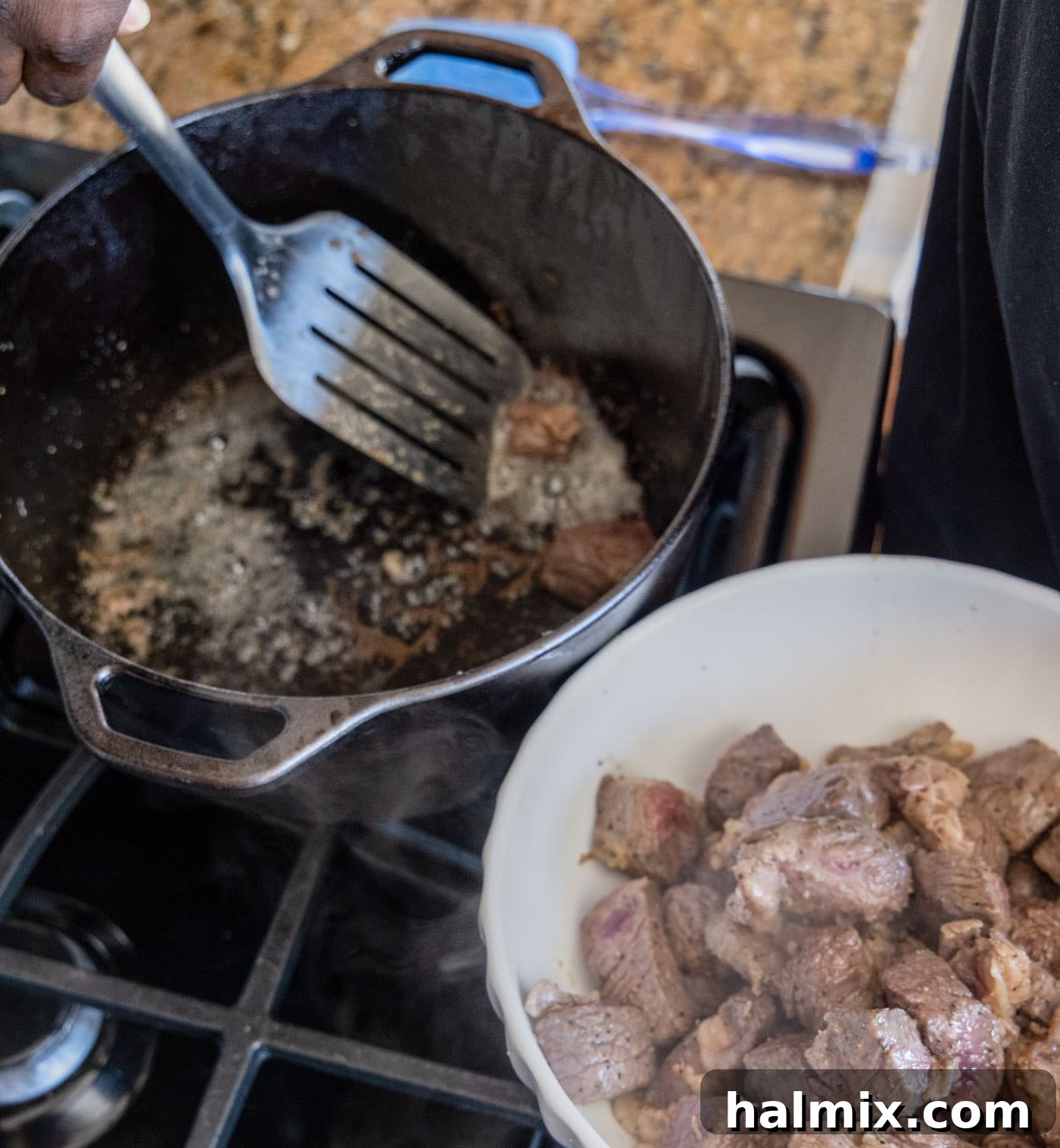 removing browned beef from dutch oven
