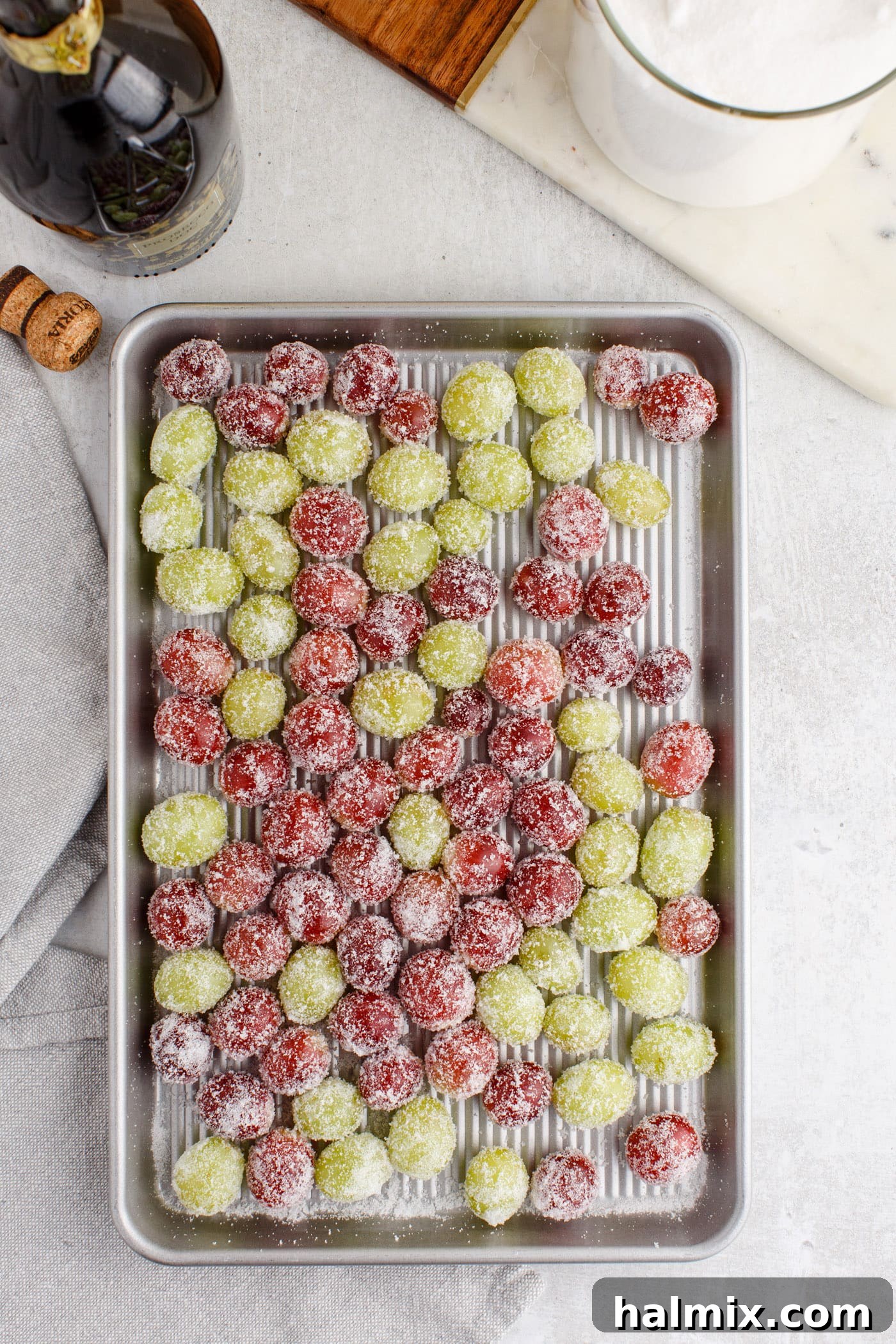 sugared vodka grapes on a baking sheet