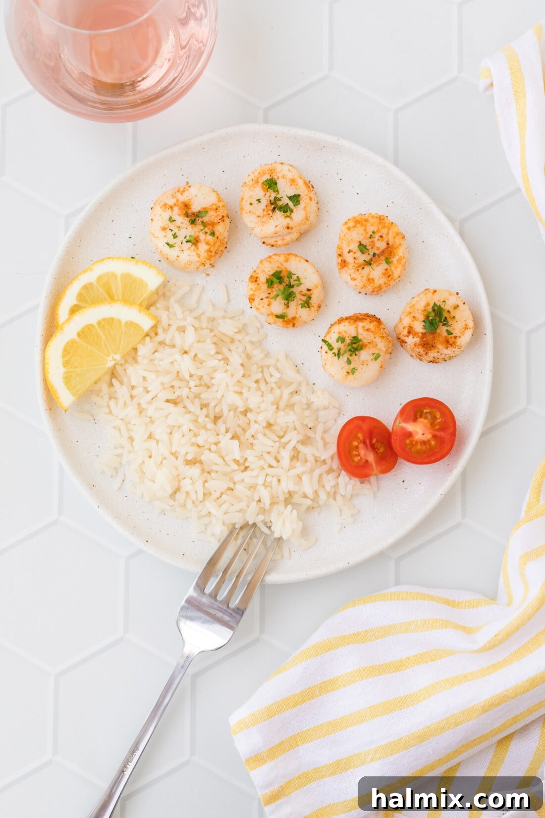 Air Fryer Scallops served beautifully on a white plate