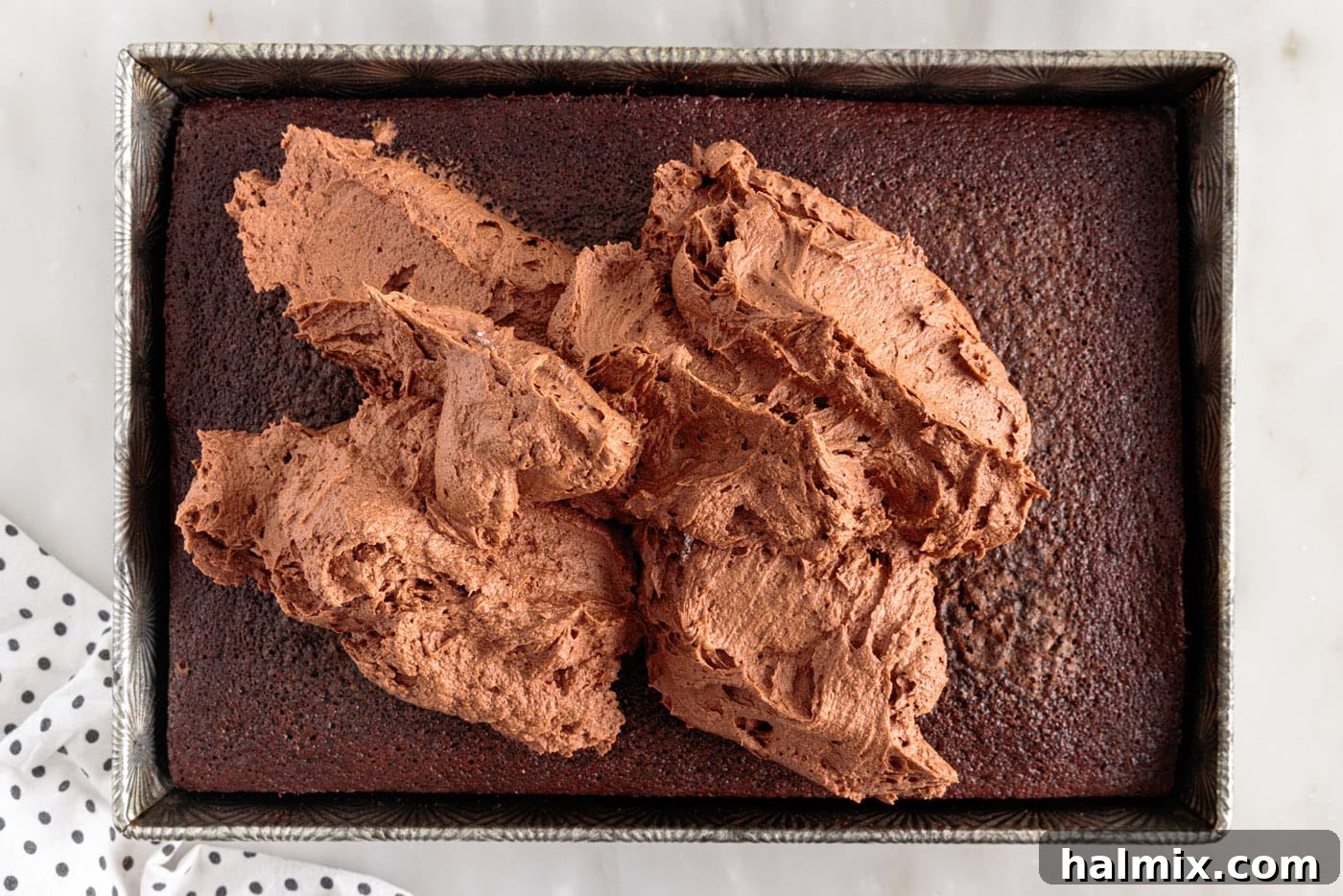 chocolate frosting on top of chocolate cake