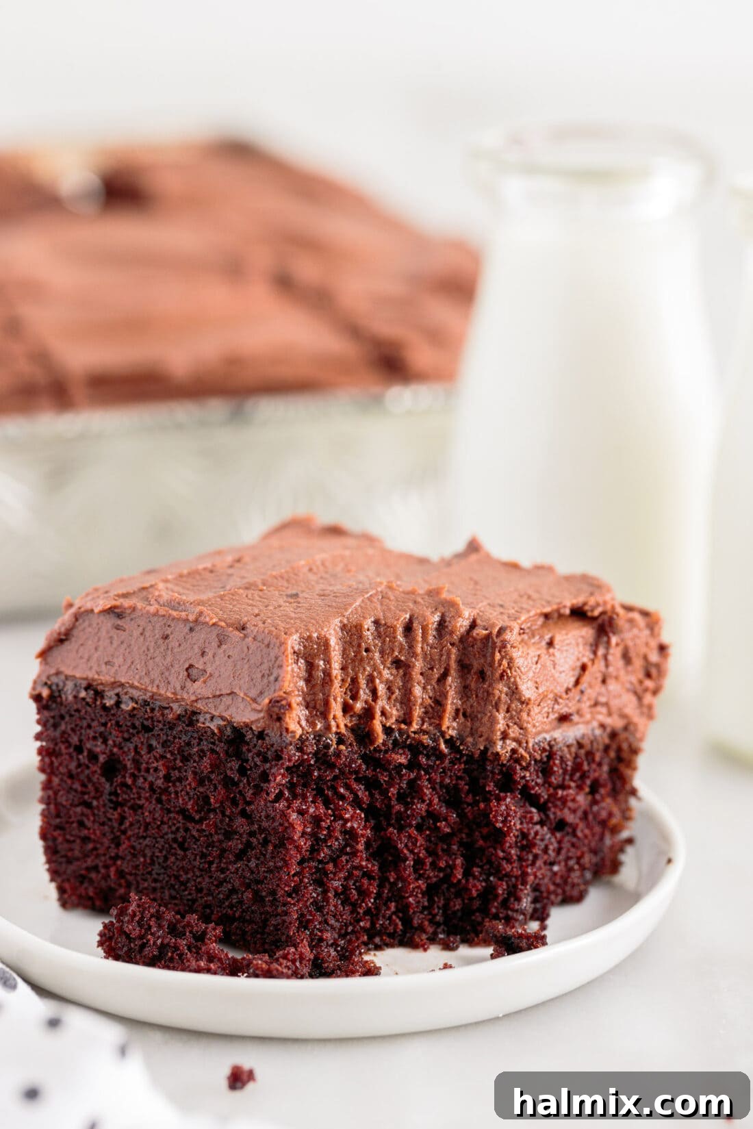 slice of Mayonnaise Cake with a bite out of it, showing the moist chocolate crumb and generous frosting