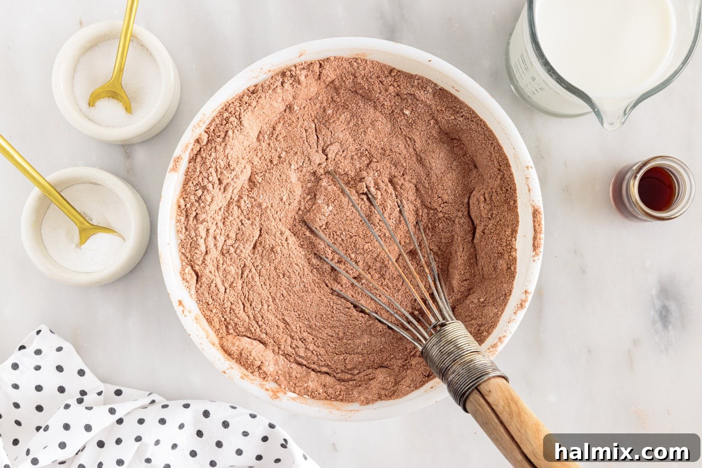 cocoa powder, granulated sugar, baking soda, and salt whisked in a bowl