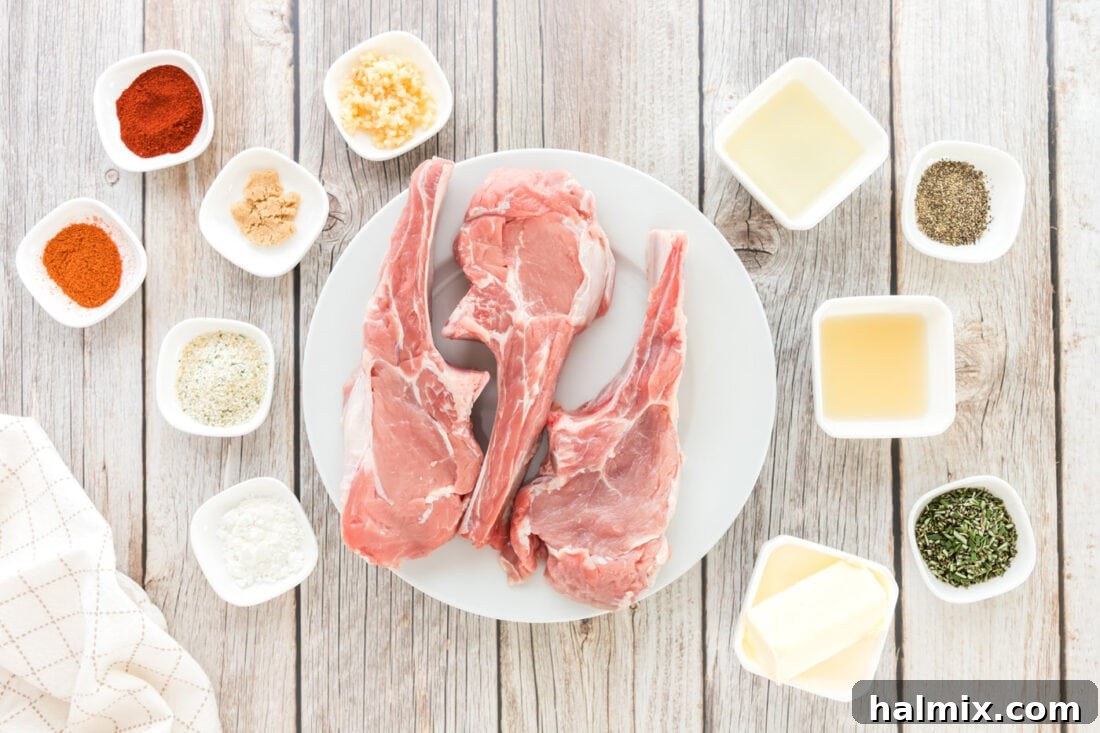 A vibrant display of fresh ingredients for veal chops, including herbs, lemon, garlic, and spices, laid out on a clean surface.