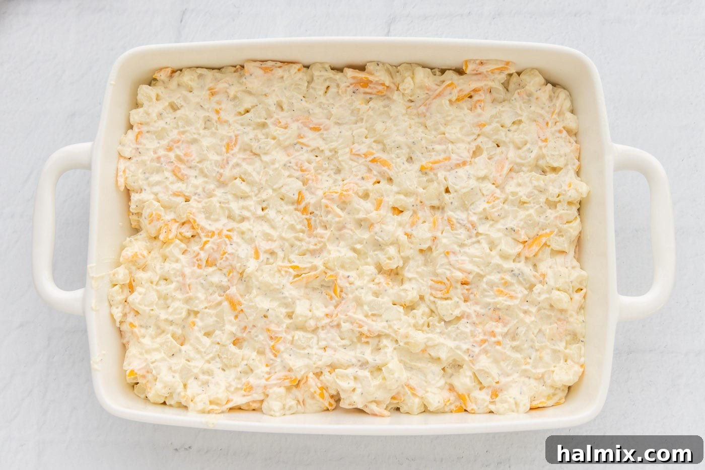Comfort Potato Bake 14 funeral potatoes in a casserole dish