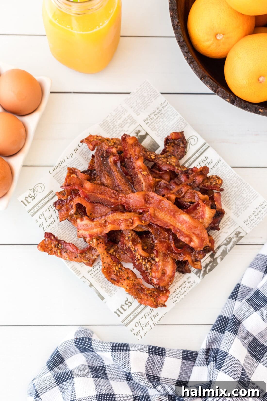 Plate of perfectly cooked oven bacon