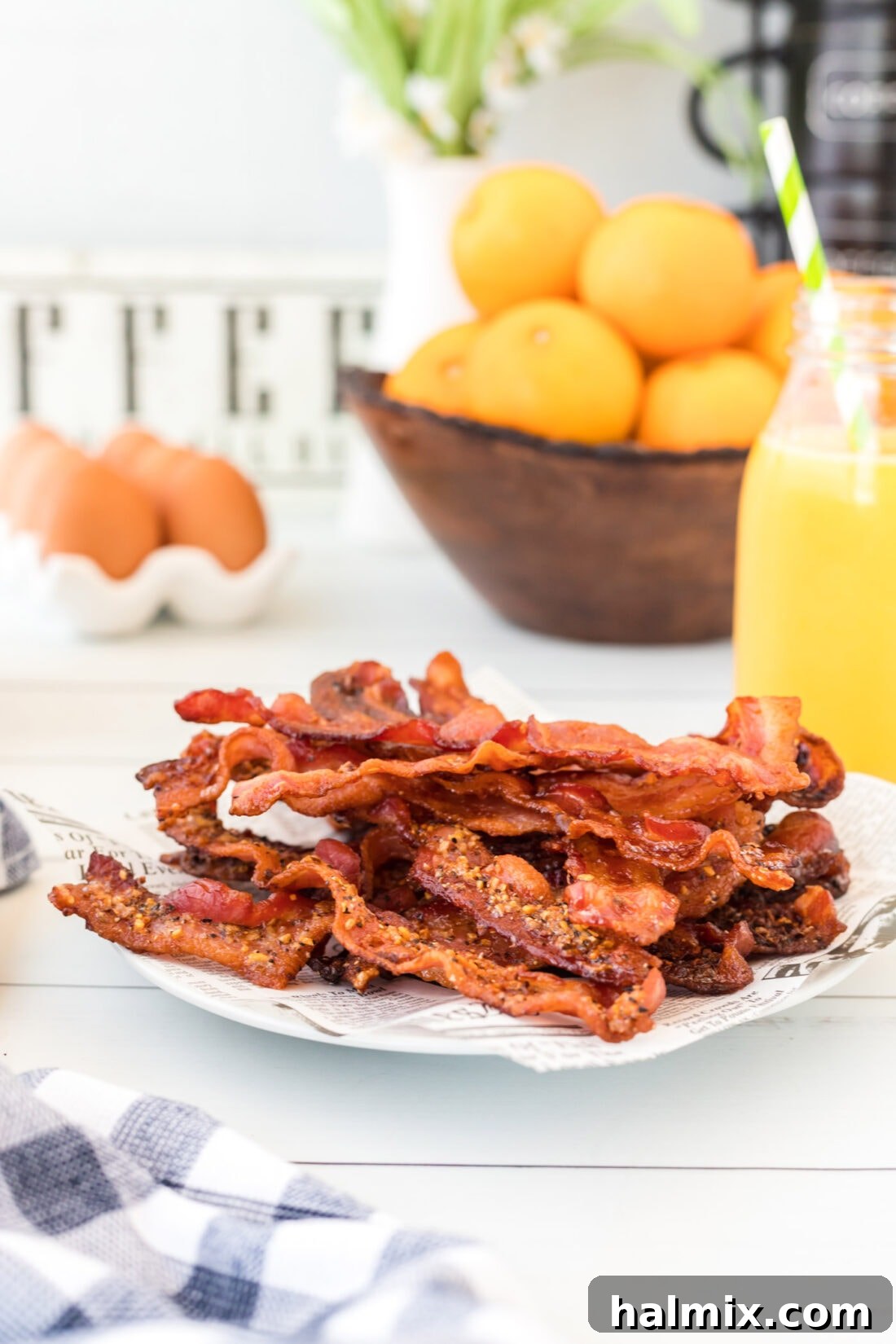 Plate of golden oven-cooked bacon