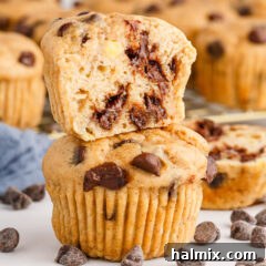 Chocolate Chip Banana Muffins cut in half