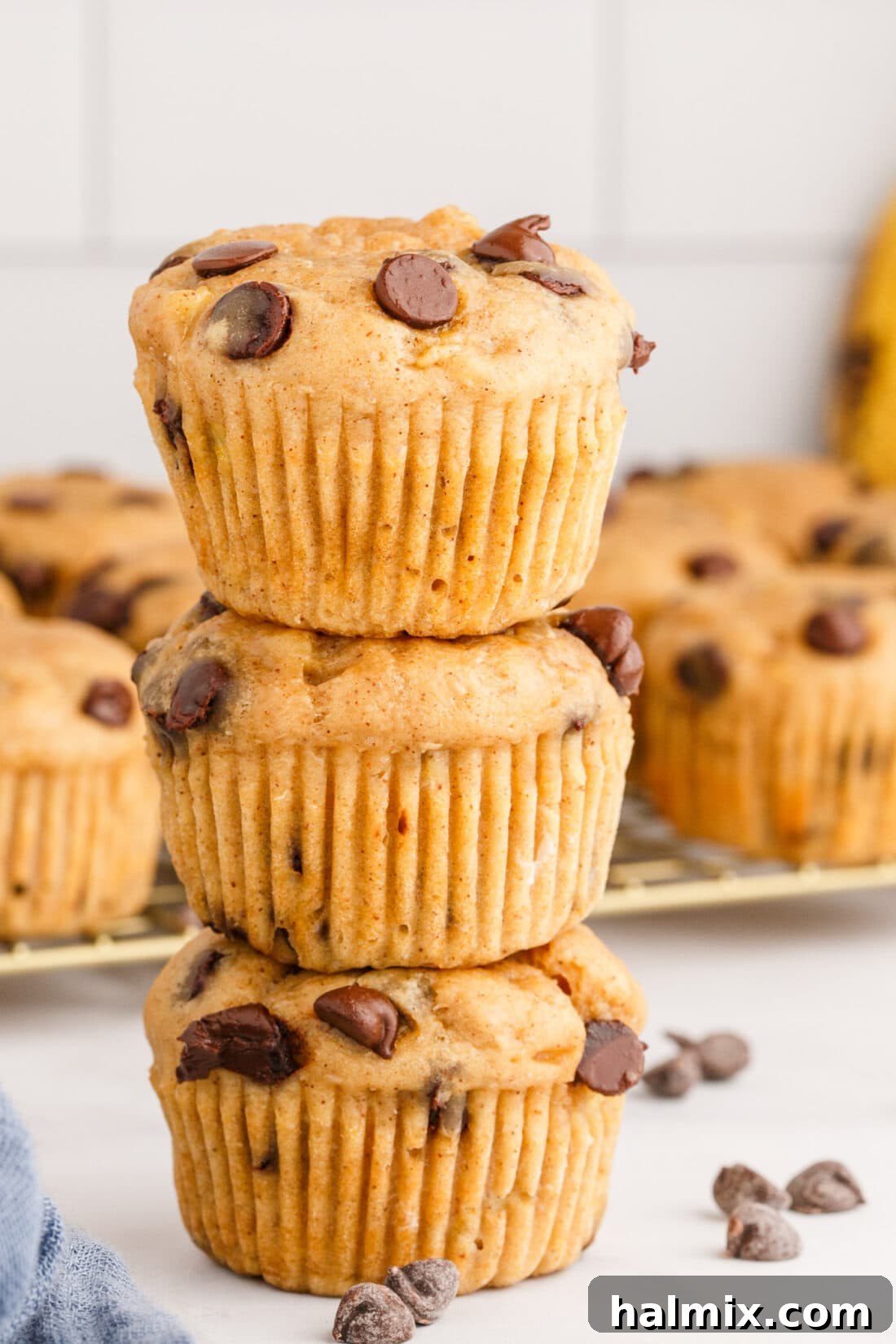 Stacked Chocolate Chip Banana Muffins