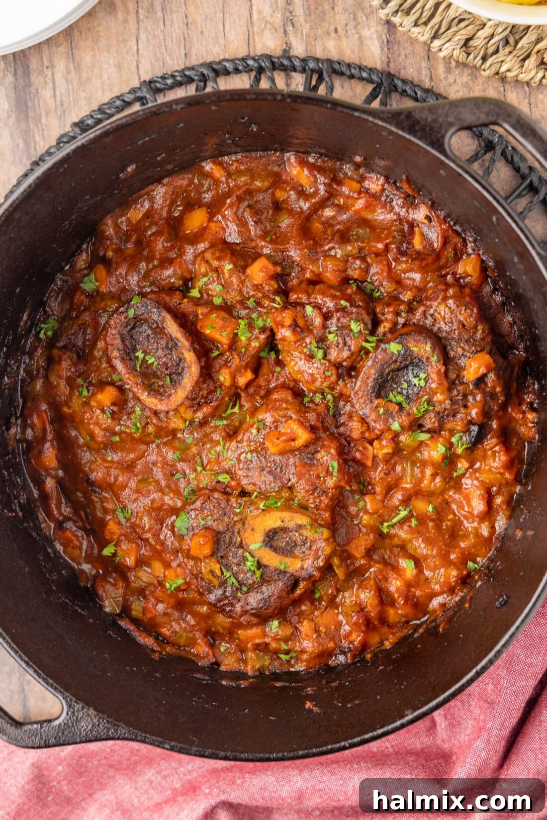 Meltingly Tender Veal Osso Buco 2 Veal Osso Bucco in a dutch oven