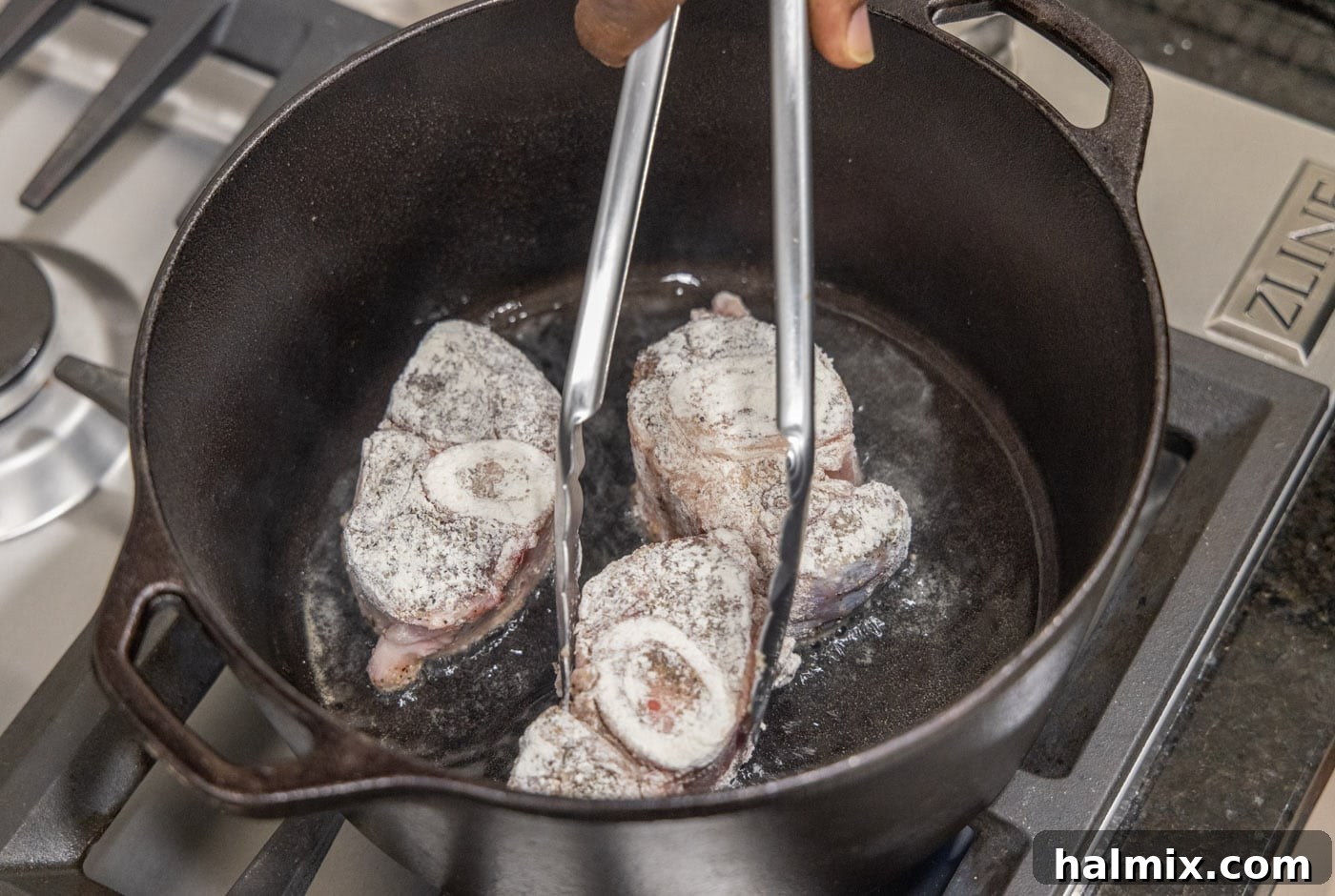 Meltingly Tender Veal Osso Buco 7 searing veal shanks in a dutch oven