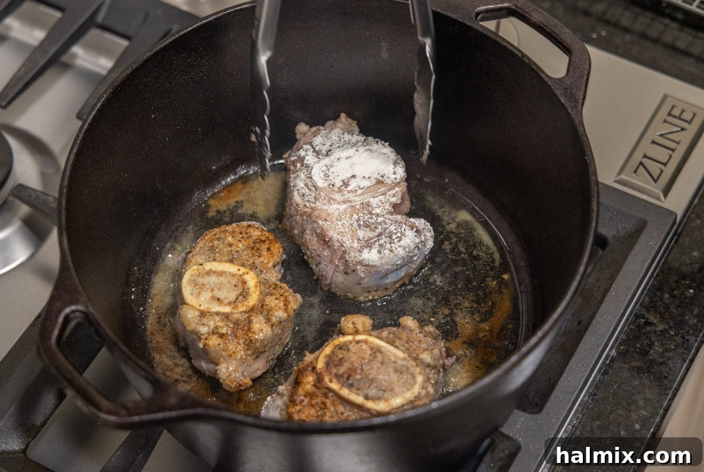 Meltingly Tender Veal Osso Buco 8 flipping veal shanks in a dutch oven