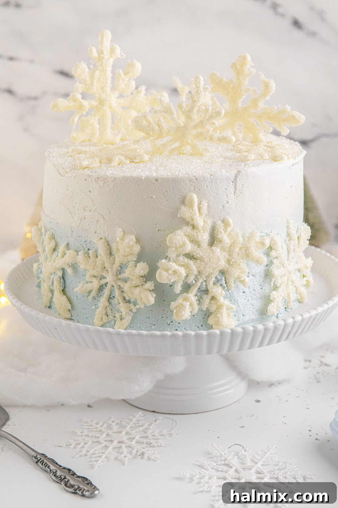 Snowflake Cake on a cake plate, ready for the holiday table