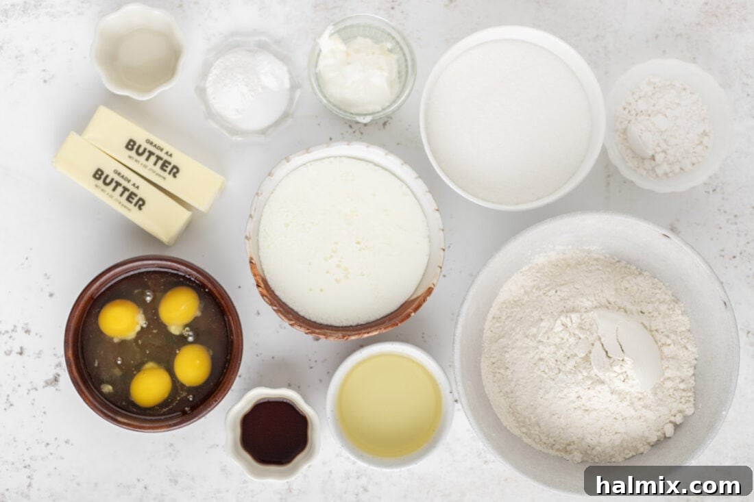 Ingredients for Snowflake Cake laid out on a table