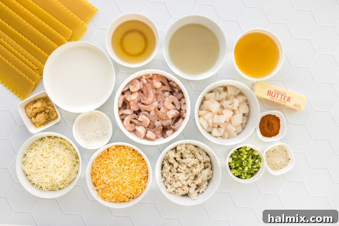 Fisherman's Lasagna 4 Various fresh ingredients laid out, including green onions, garlic, raw shrimp, scallops, crab meat, chicken stock, clam juice, seafood stock, butter, and cheeses, ready for making seafood lasagna.