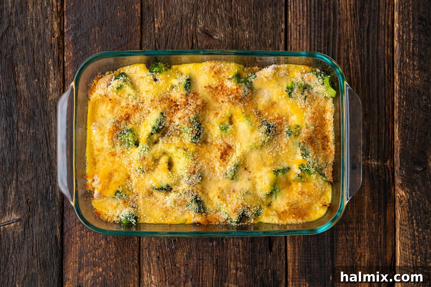 An overhead shot of the freshly baked Chicken Divan Casserole, with a bubbly, golden brown breadcrumb topping.