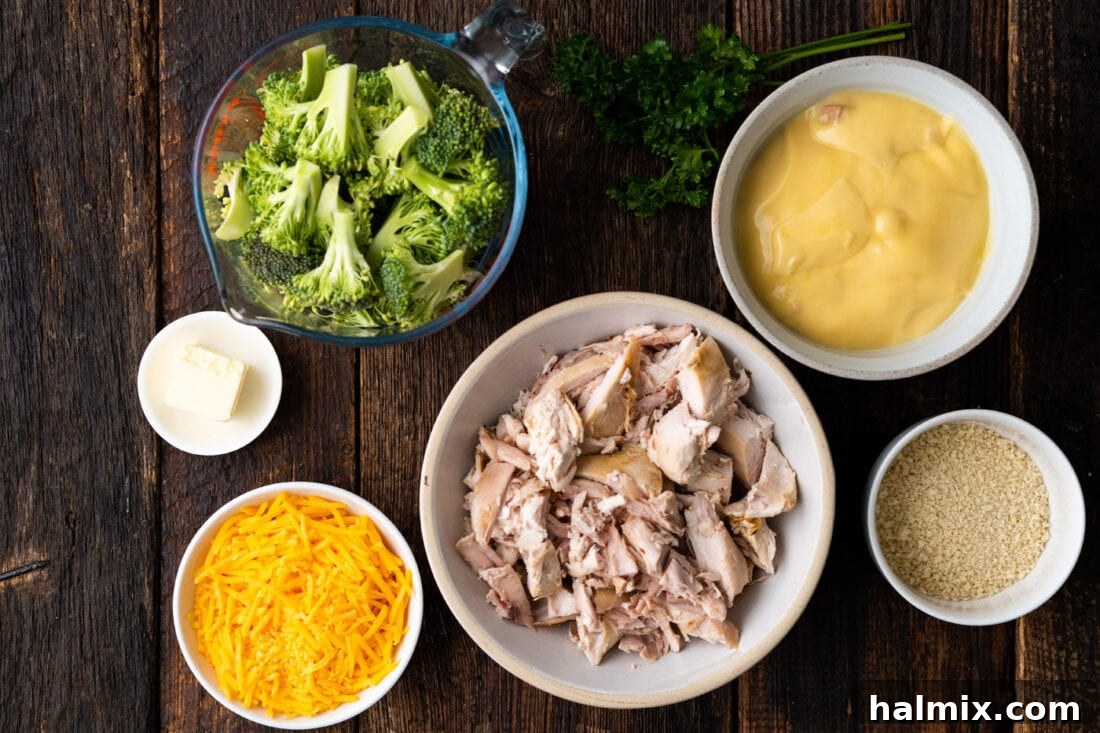 A flat lay of fresh ingredients for Chicken Divan Casserole, including broccoli, cooked chicken, cheddar cheese, and a can of soup.