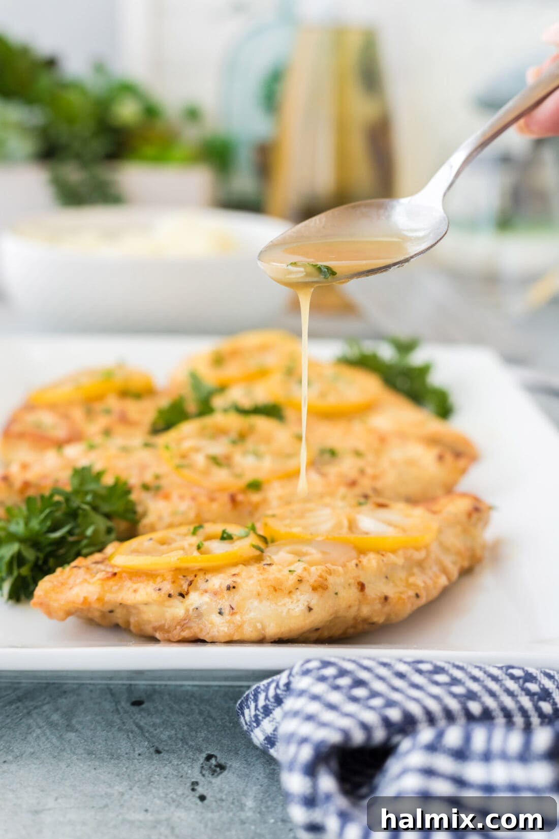 Generous Sauce Drizzle on Chicken Francese Drizzling the vibrant lemon-butter sauce over freshly cooked Chicken Francese