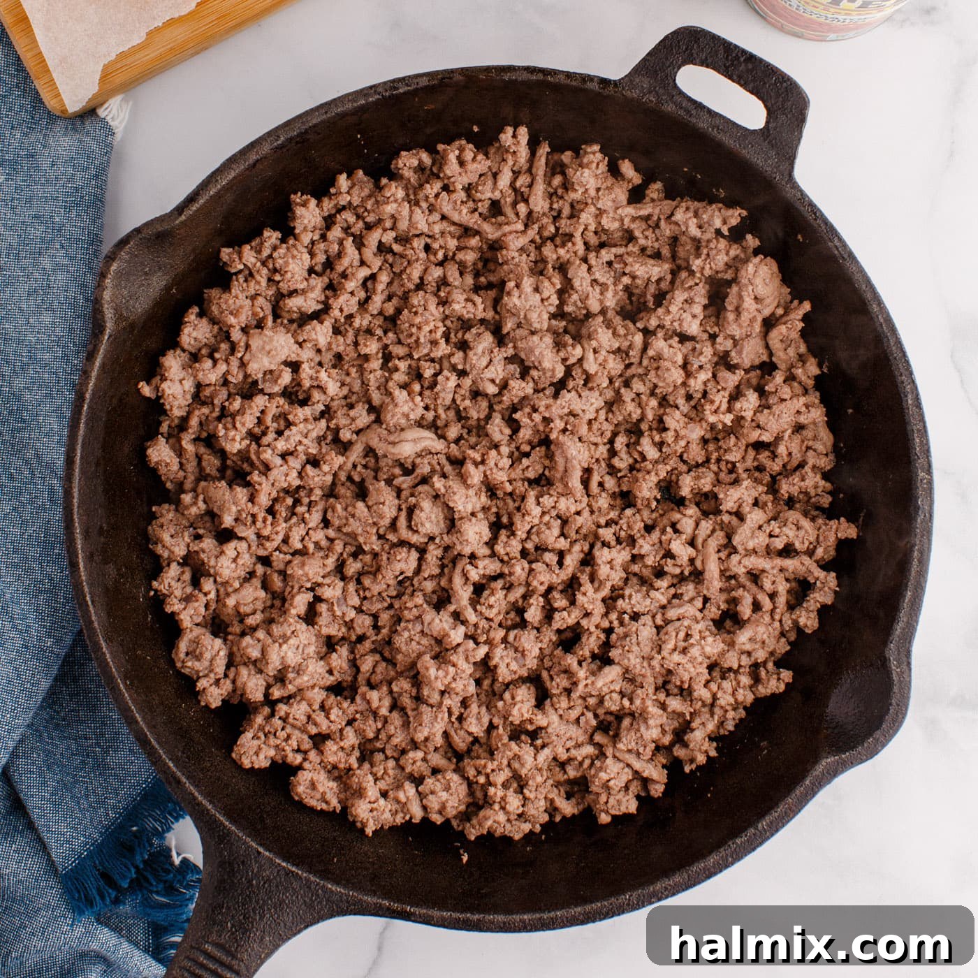 browned ground beef in a skillet