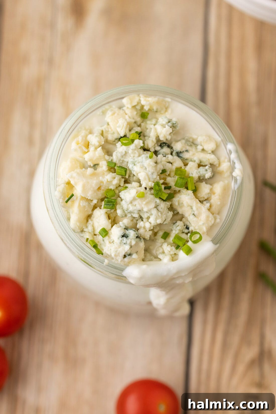 overhead photo of Blue Cheese Dressing in jar
