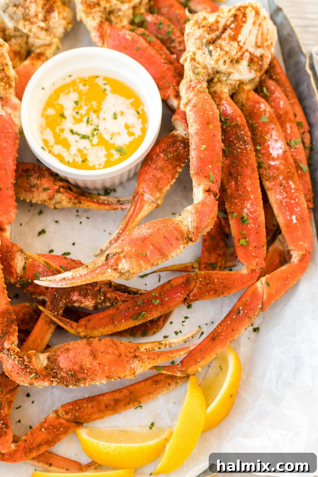Snow Crab Legs drizzled with melted butter