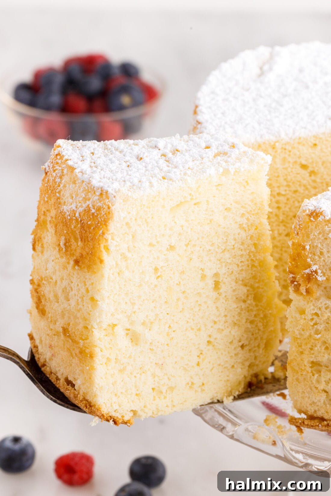 Delicate slice of Chiffon Cake served on a spatula, showcasing its airy texture