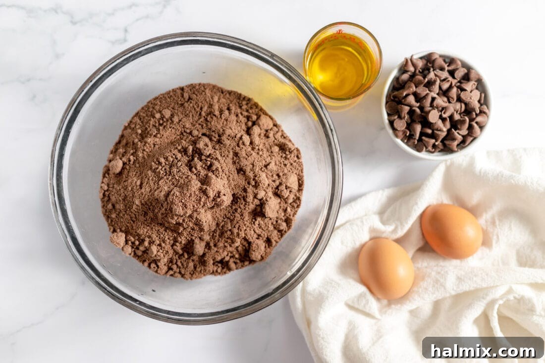 Luscious Chocolate Cake Mix Bites 4 The four essential ingredients for making chocolate cake mix cookies laid out on a surface: a box of chocolate cake mix, eggs, a bottle of oil, and a bowl of chocolate chips.