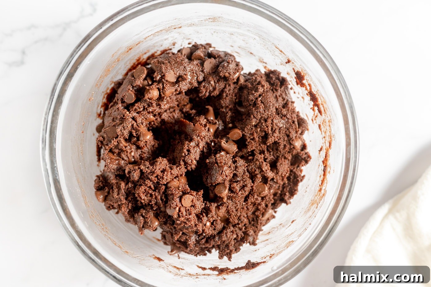 Luscious Chocolate Cake Mix Bites 10 Finished chocolate cake mix cookie dough, ready for scooping, in a bowl.