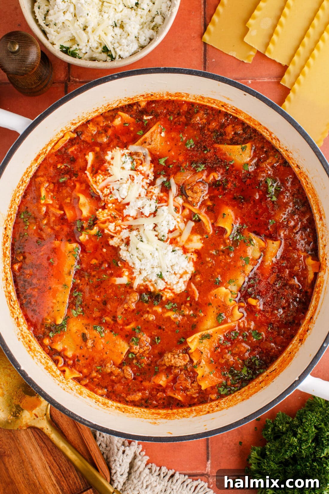 Large pot of Lasagna Soup, steaming and ready to be served
