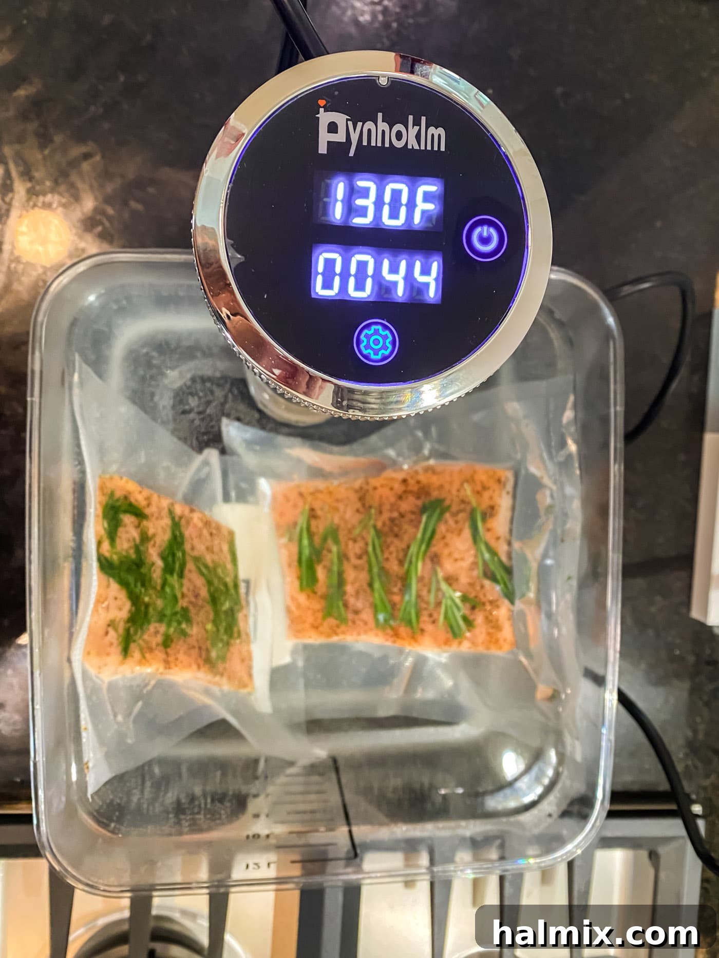 cooking salmon filets to 130F in sous vide container