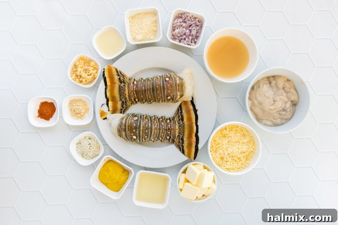 Golden Lobster Indulgence 4 Ingredients for homemade Lobster Thermidor laid out on a table