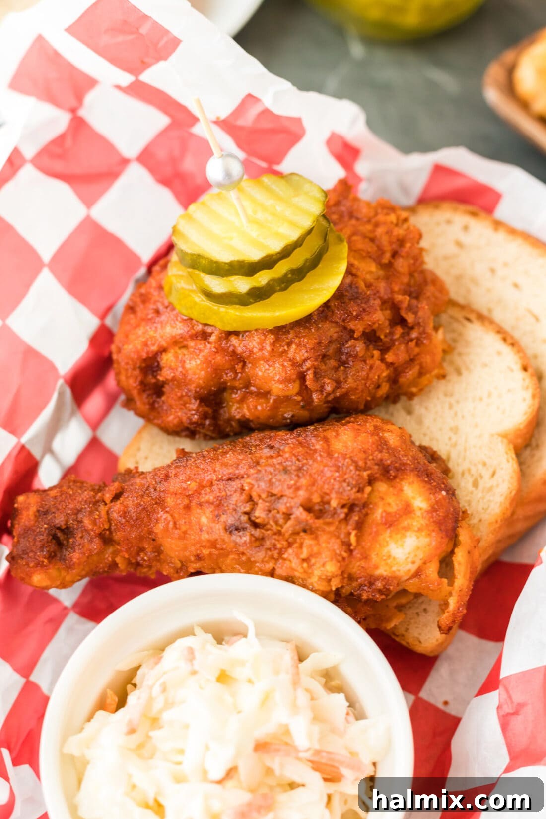 Basket of Nashville Hot Chicken with coleslaw