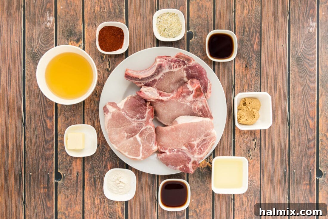 Tender Instant Pot Pork Chops 4 A collection of ingredients laid out, including pork chops, spices, olive oil, and broth, ready for Instant Pot cooking.