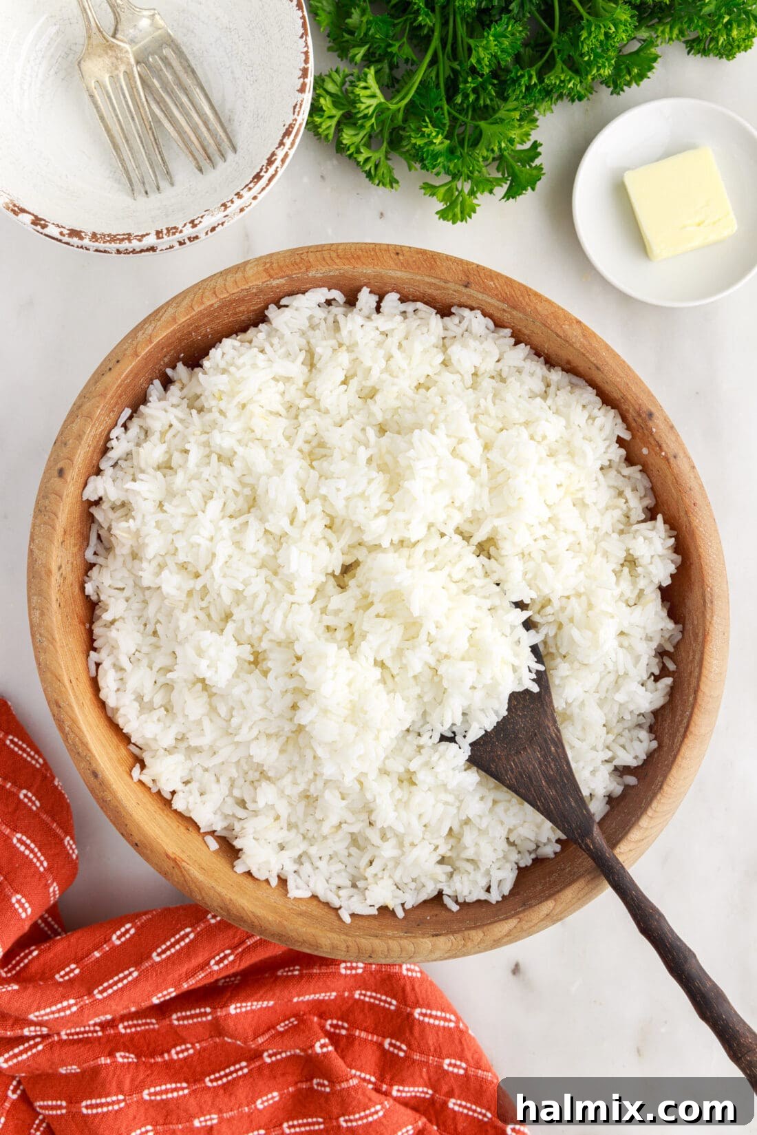 A bowl of white rice with a spoon, ready to be enjoyed