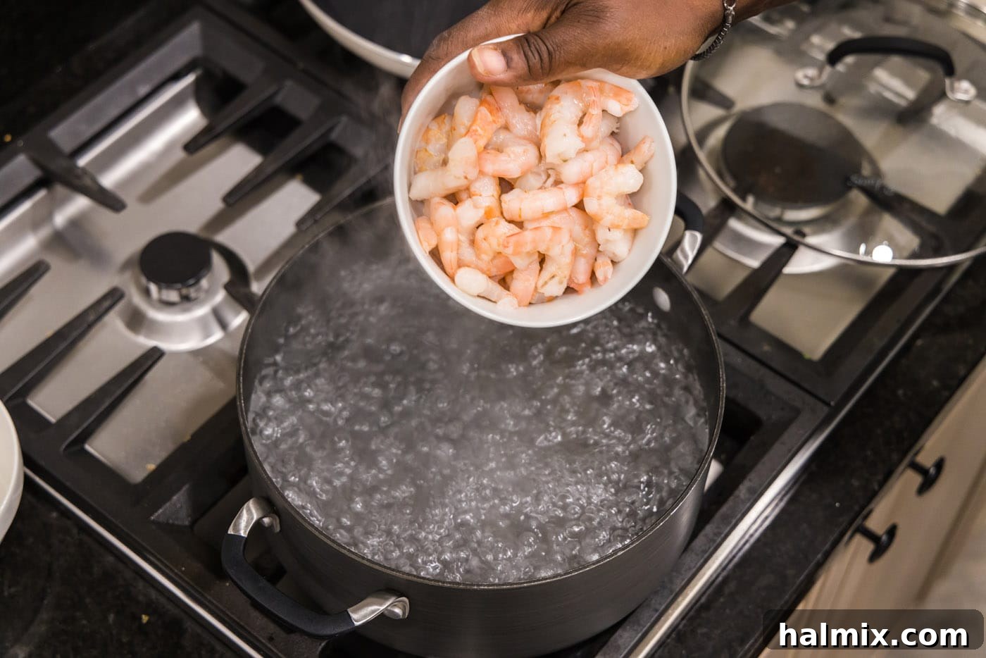 Zesty Shrimp Ceviche 5 adding shrimp to boiling water