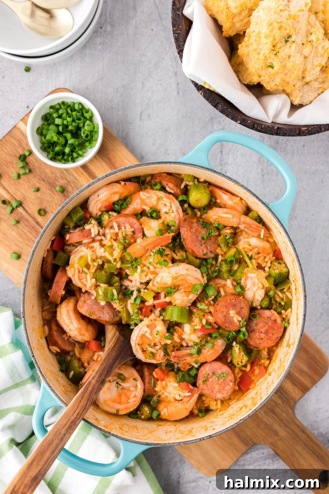 Bayou Blend 15 An inviting overhead photo of a large pot of Jambalaya, showcasing the rich colors and textures of the dish, ready for serving.
