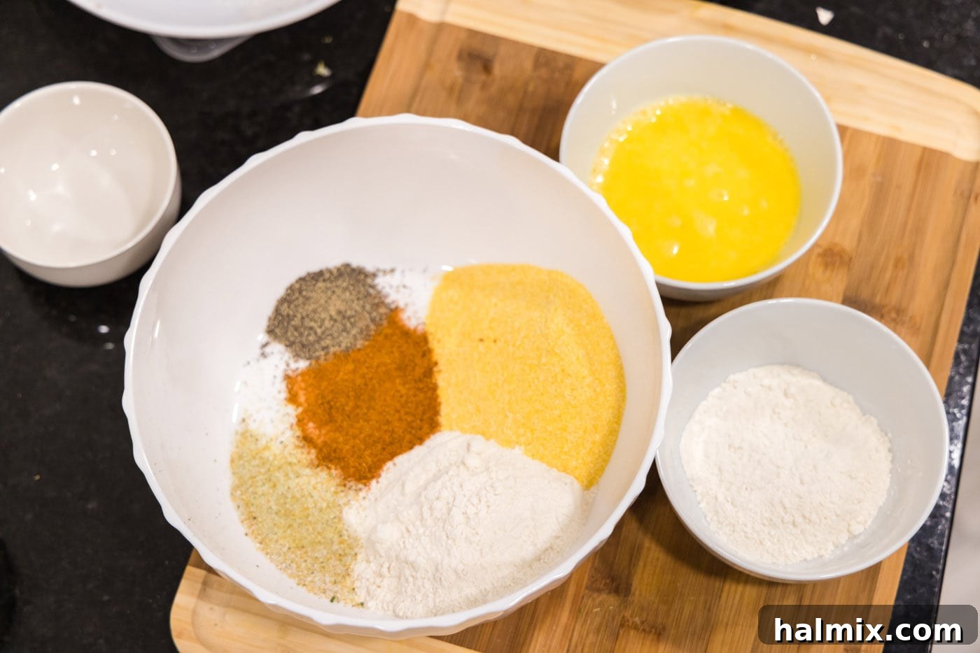 Golden Crispy Shrimp 6 fried shrimp seasonings and dry ingredients in bowls