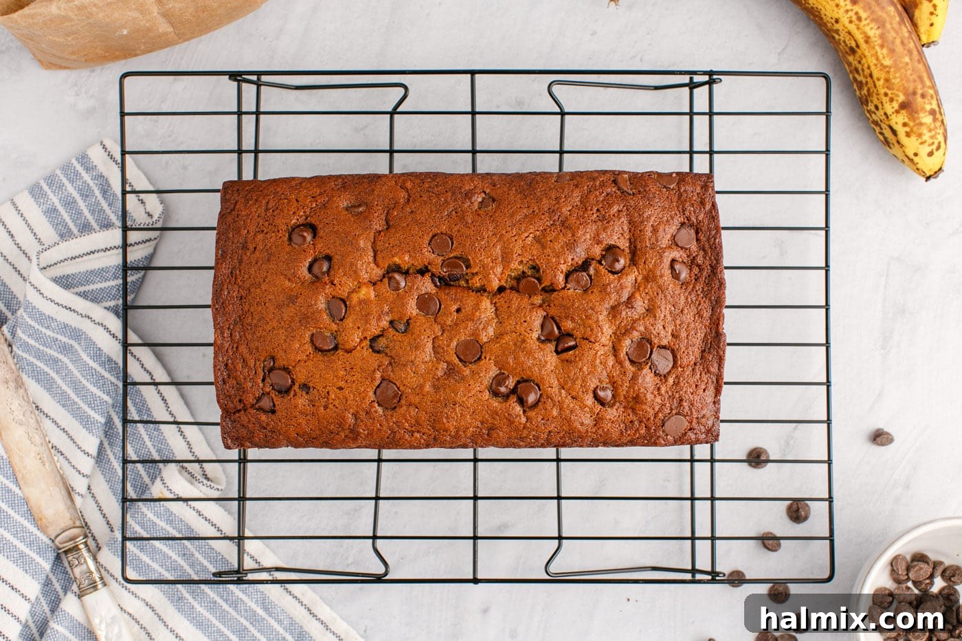 Ultimate Chocolate Chip Banana Bread 15 A full loaf of chocolate chip banana bread cooling on a wire rack, with a beautiful golden crust and visible chocolate chips.