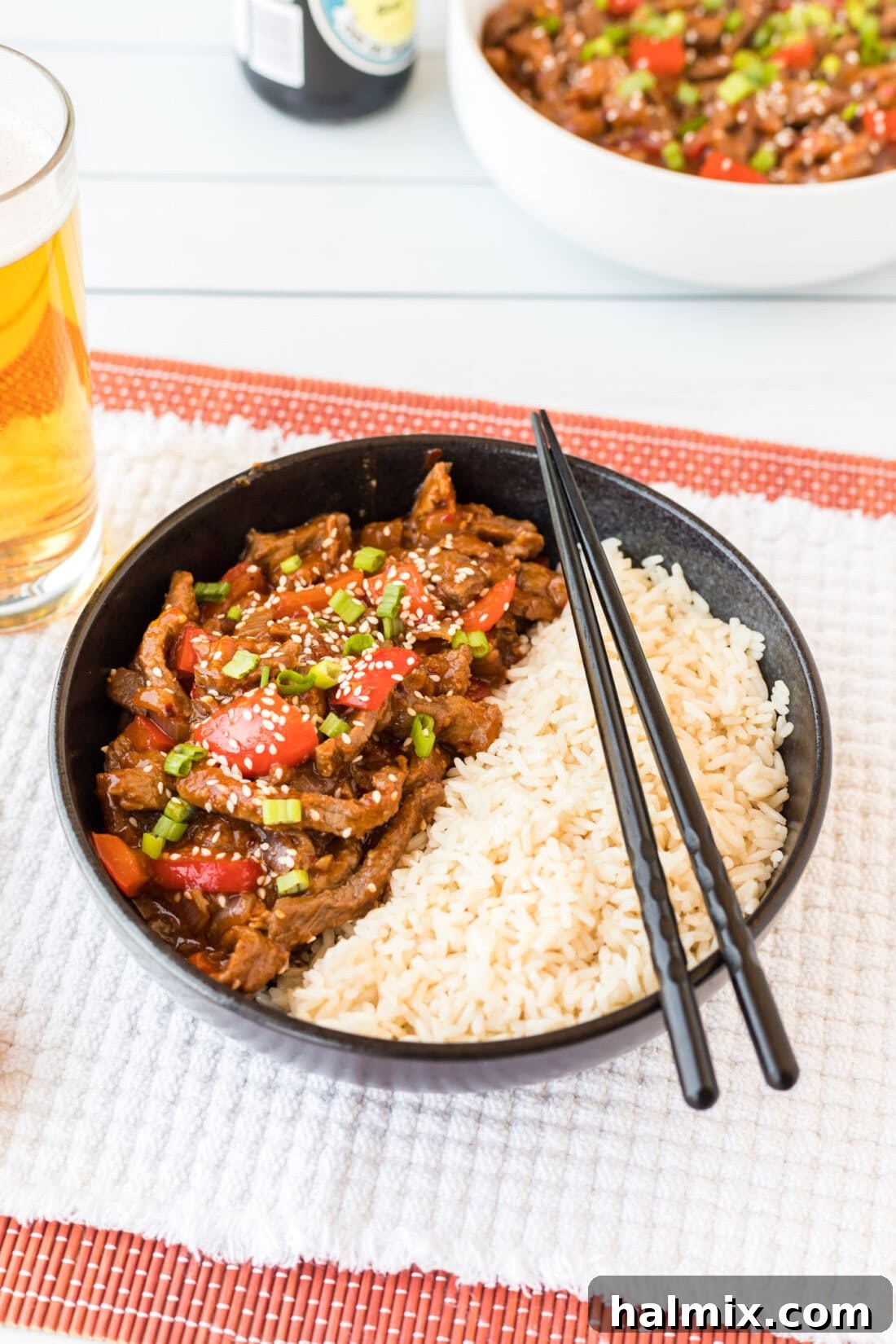 Bowl of Beijing Beef with rice