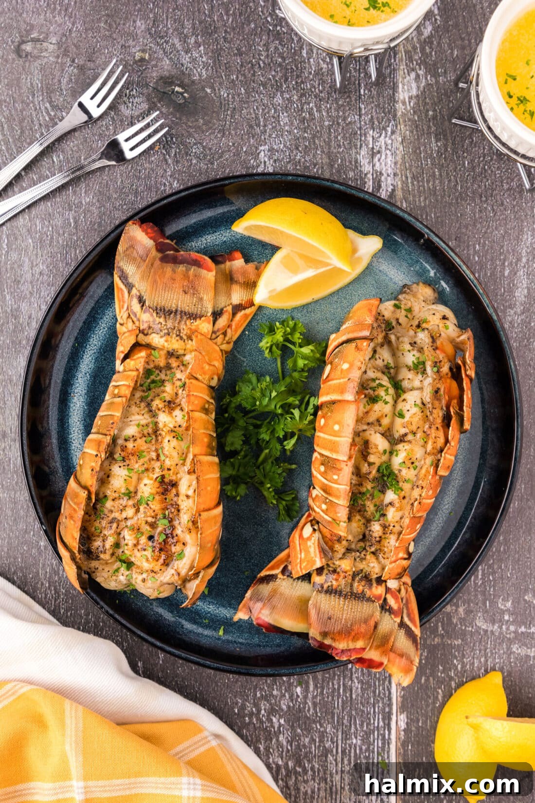 Two perfectly grilled lobster tails resting on a white plate, garnished with fresh lemon wedges and parsley.