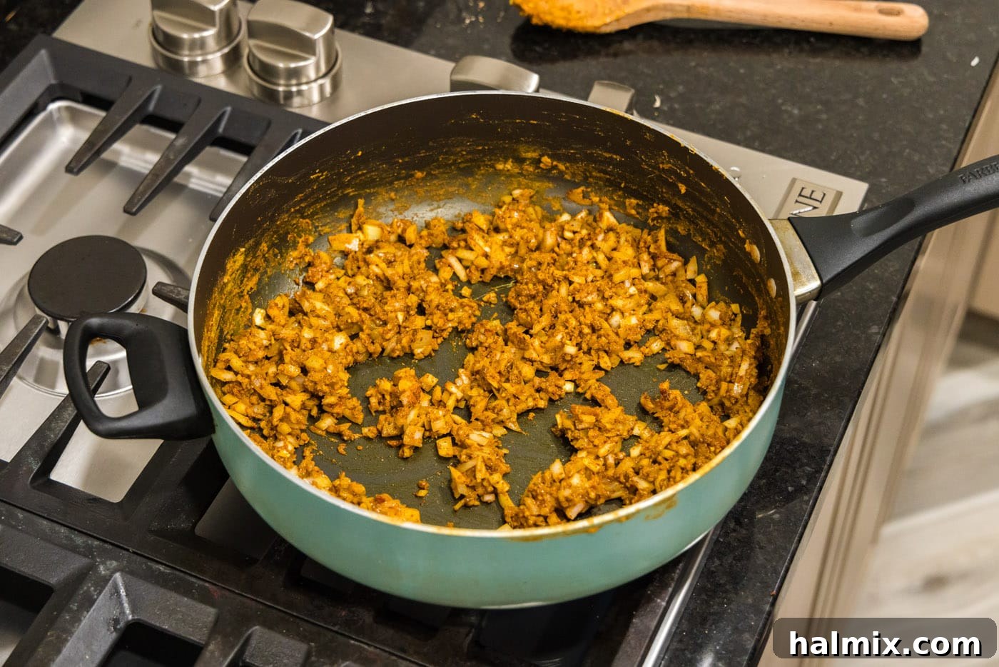 stirred sauce ingredients in a skillet