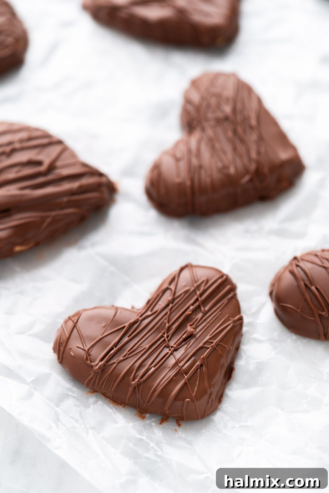 Sweetheart Chocolate Peanut Butter Treats 17 Close up of a cluster of freshly made Chocolate Peanut Butter Hearts, ready to be enjoyed.